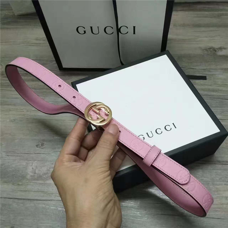 Gucci 新款 進口原版小牛皮壓花 女士腰帶 雙G扣頭 雙面可用 粉色金扣