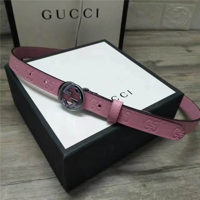 Gucci 新款 進口原版小牛皮壓花 女士腰帶 雙G扣頭 雙面可用 粉色銀扣