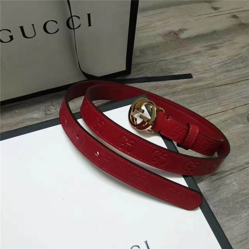 Gucci 新款 進口原版小牛皮壓花 女士腰帶 雙G扣頭 雙面可用 紅色金扣