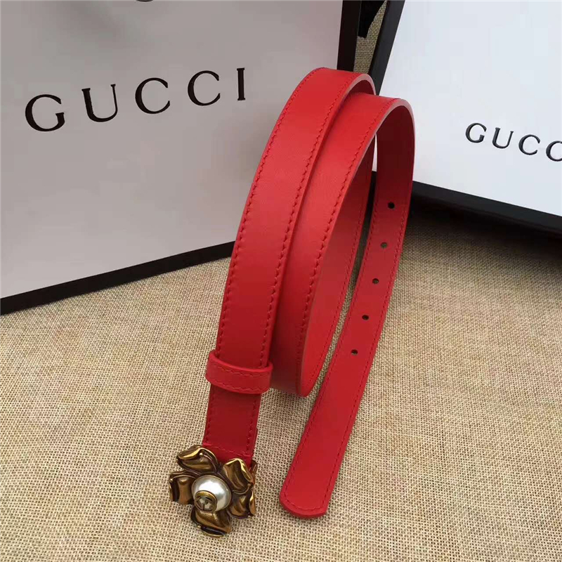 Gucci 新款 原版牛皮 山茶花中間鑲珍珠雙G 女士腰帶 紅色