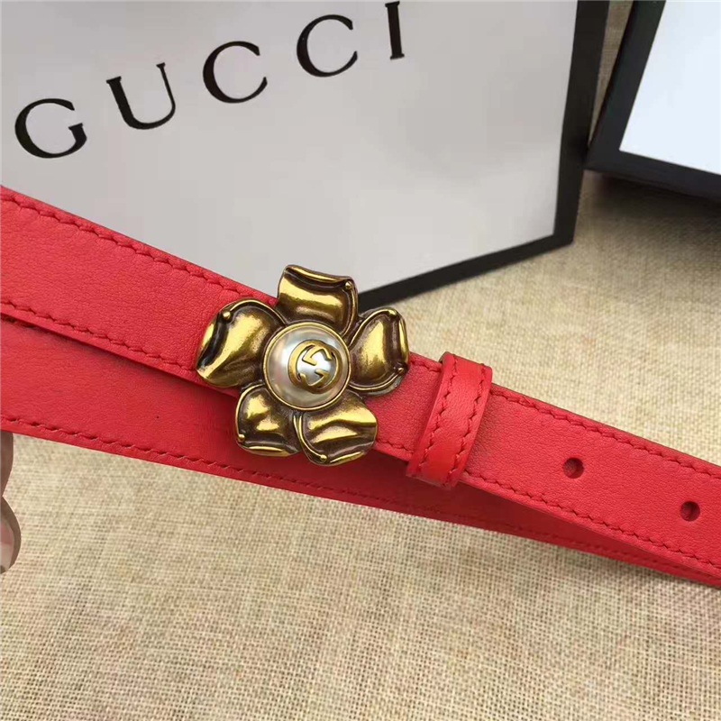 Gucci 新款 原版牛皮 山茶花中間鑲珍珠雙G 女士腰帶 紅色