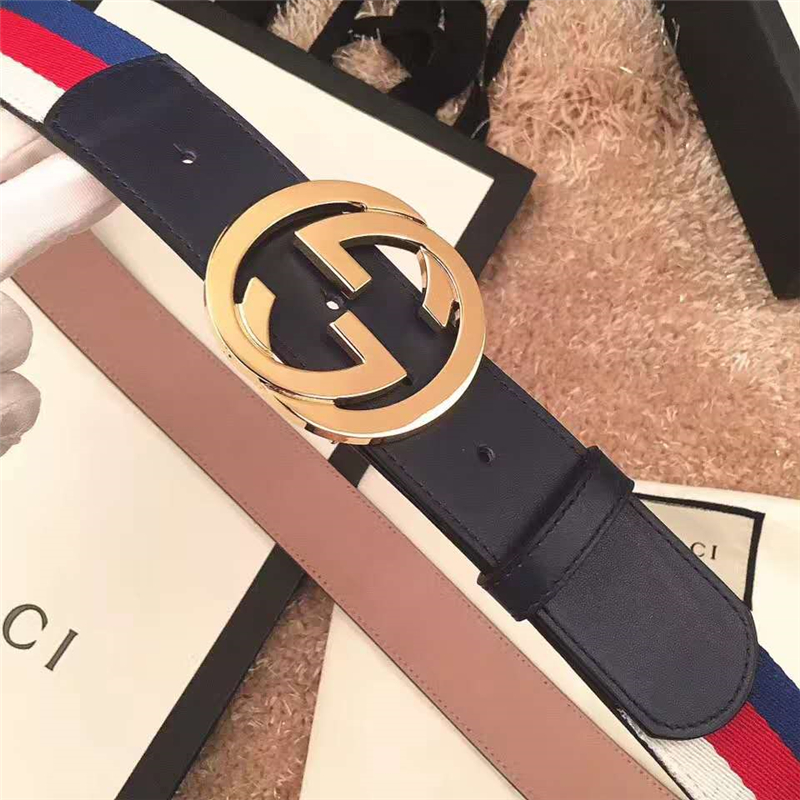 Gucci 新款 雙G帶扣 Sylvie織布真皮腰帶 情侶款 黑色