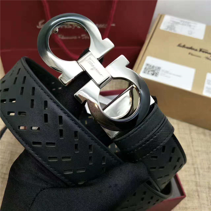 Salvatore Ferragamo 菲拉格慕 Ferragmo正品同款 高端定制 進口雙面 鏤空皮帶 黑色漸變扣