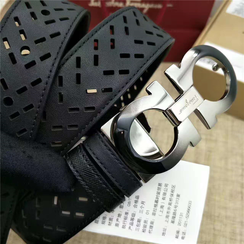 Salvatore Ferragamo 菲拉格慕 Ferragmo正品同款 高端定制 進口雙面 鏤空皮帶 黑色漸變扣