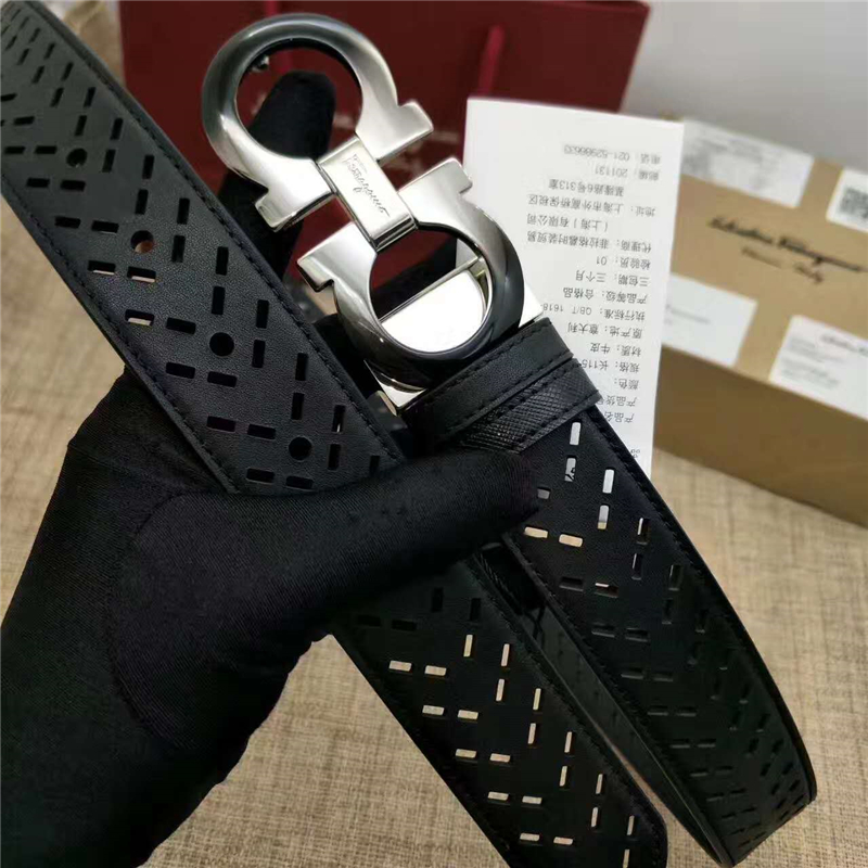 Salvatore Ferragamo 菲拉格慕 Ferragmo正品同款 高端定制 進口雙面 鏤空皮帶 黑色漸變扣