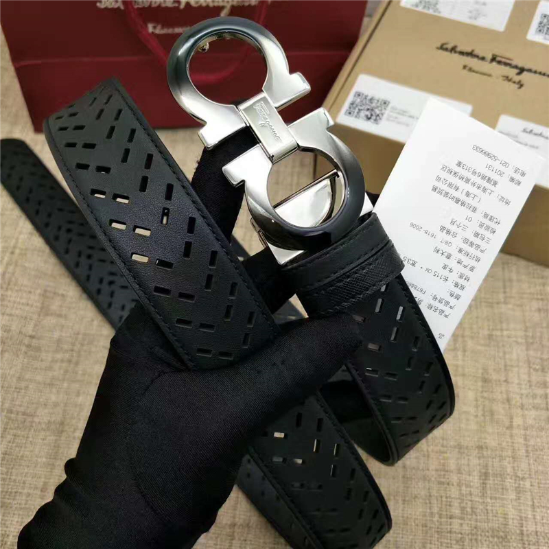 Salvatore Ferragamo 菲拉格慕 Ferragmo正品同款 高端定制 進口雙面 鏤空皮帶 黑色漸變扣