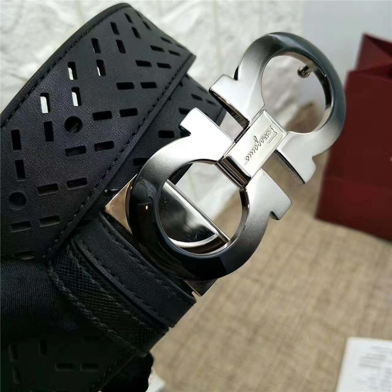 Salvatore Ferragamo 菲拉格慕 Ferragmo正品同款 高端定制 進口雙面 鏤空皮帶 黑色漸變扣