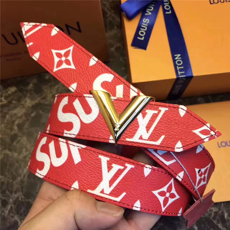 LV 路易威登 Supreme聯(lián)名合作款 獨(dú)家新品 女士腰帶 雙面用 紅色印花字