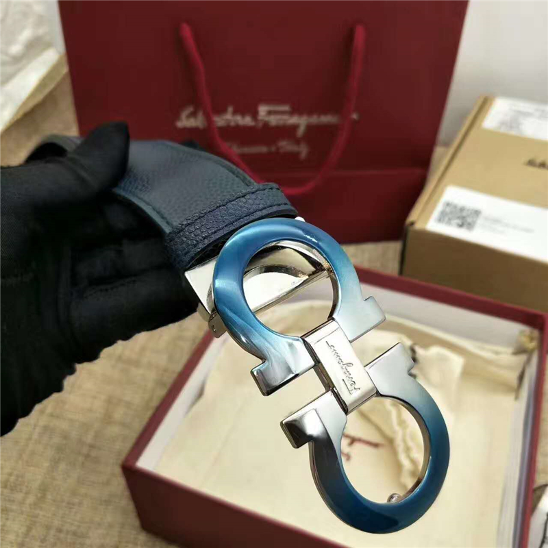 Salvatore Ferragamo 菲拉格慕 Ferragmo正品同款 高端定制 進口雙面 時尚休閑皮帶 藍色漸變扣