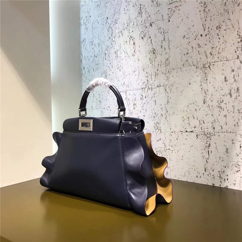 FENDI 芬迪 8773 2107時裝秀款 波紋荷葉邊 小牛皮拼色 單肩手提包 深藍色