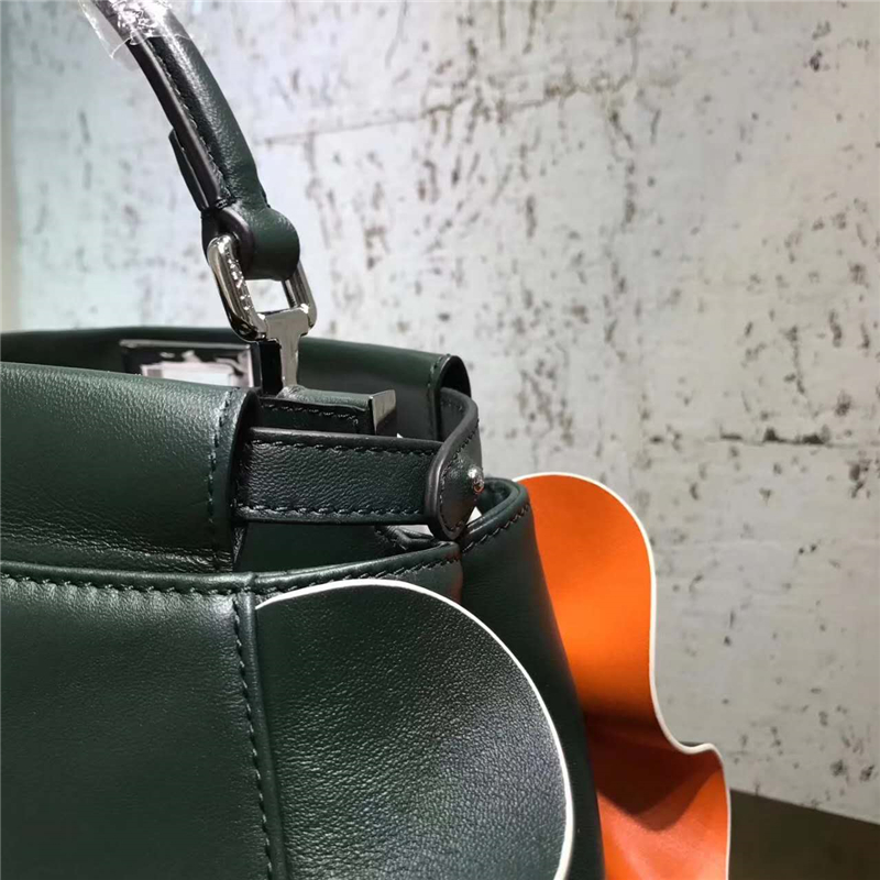 FENDI 芬迪 8773 2107時裝秀款 波紋荷葉邊 小牛皮拼色 單肩手提包 墨綠色