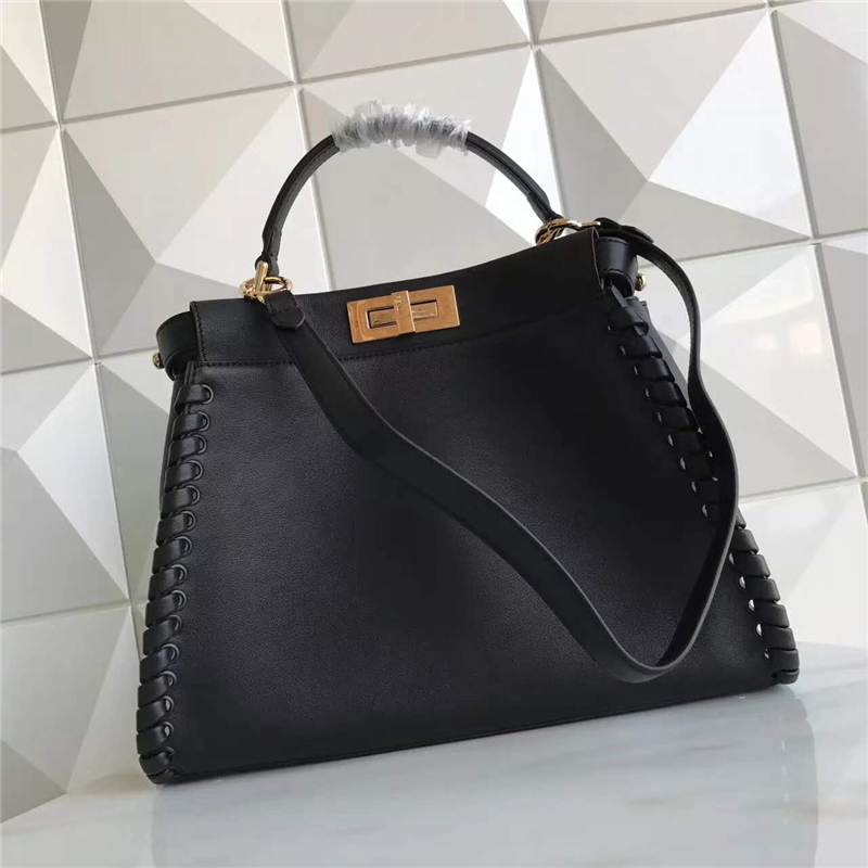 9210M FENDI 芬迪 邊緣編織裝飾 柔軟小牛皮手提包 黑色