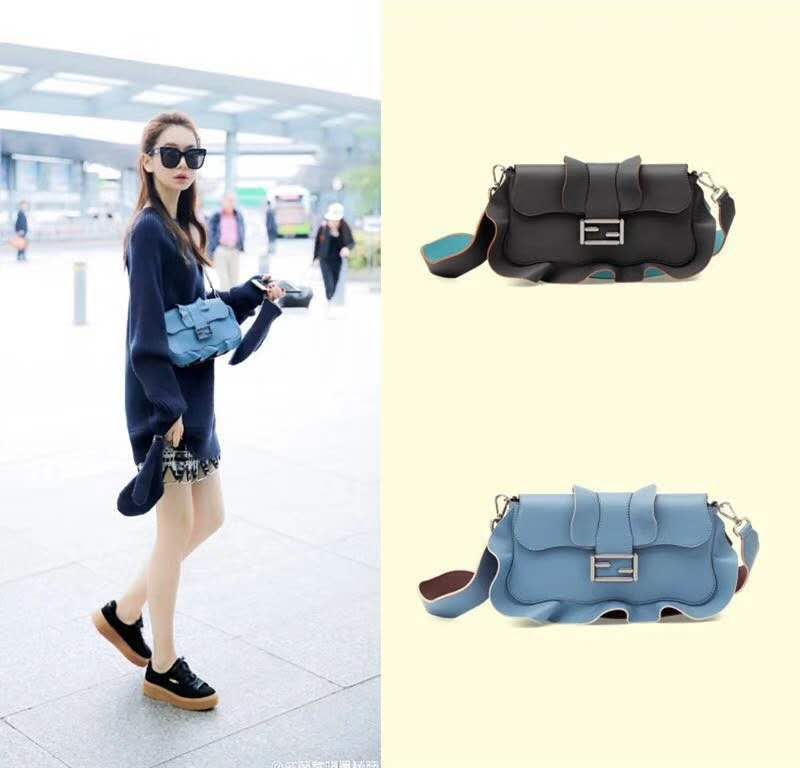 8783 FENDI 芬迪 時裝秀款 寬肩帶荷葉邊 單肩包挎包 黑包黑蘭帶