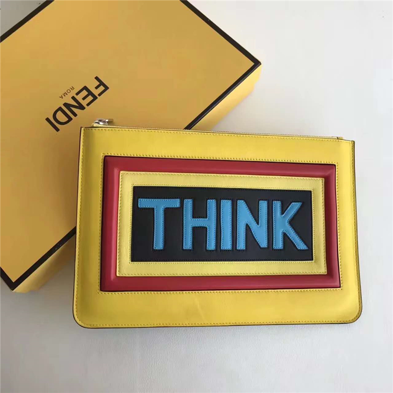 666 FENDI 芬迪 字母字樣 小牛皮 薄款手拿包 黃色