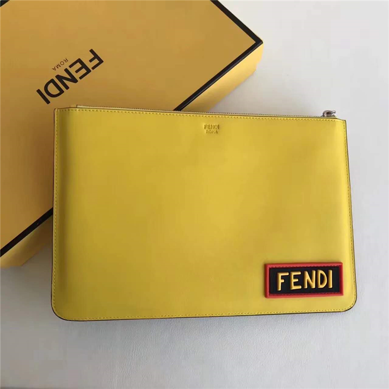 666 FENDI 芬迪 字母字樣 小牛皮 薄款手拿包 黃色