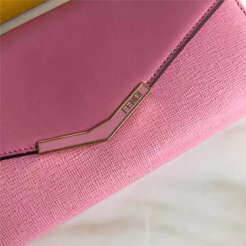 0306 FENDI 芬迪 小牛皮 翻蓋按扣 長款皮夾 粉色