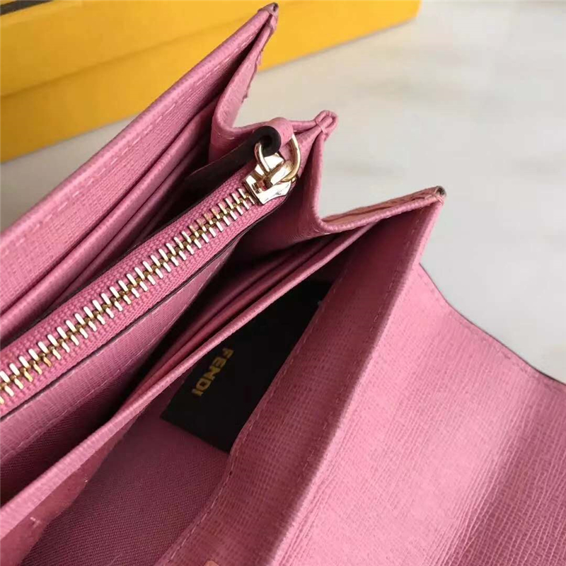 0306 FENDI 芬迪 小牛皮 翻蓋按扣 長款皮夾 粉色