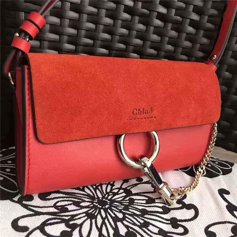 7565 Chloe 珂洛伊 Faye mini 牛皮配磨砂皮 圓環鏈條 單肩斜挎包 紅色