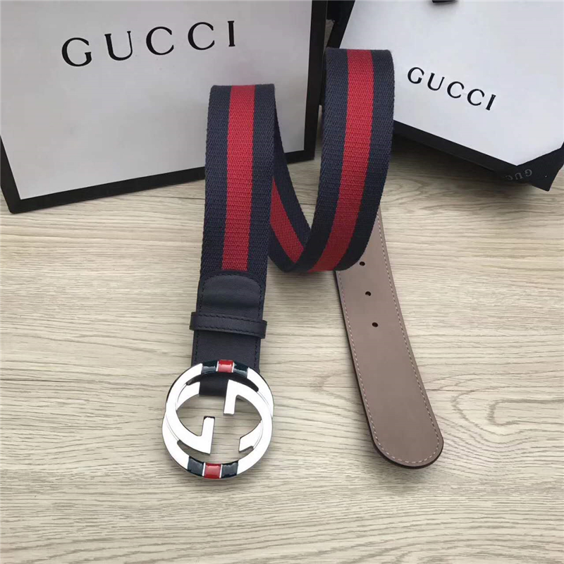 GUCCl NEW原單 彩色織帶配進(jìn)口牛皮 原單雙G金屬扣頭 紅配黑銀扣
