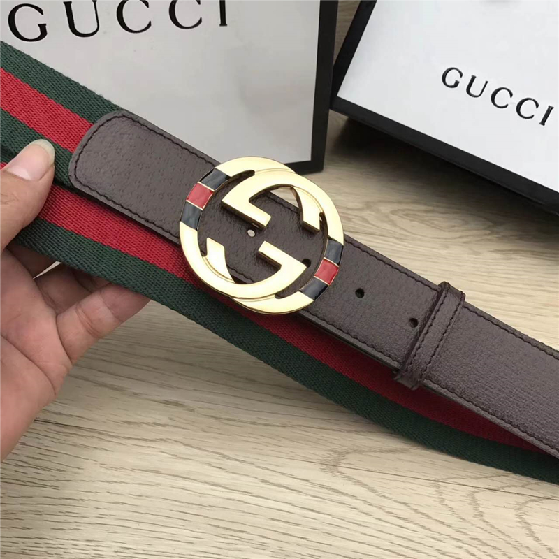 GUCCl NEW原單 彩色織帶配進口牛皮 原單雙G金屬扣頭 紅配綠金扣