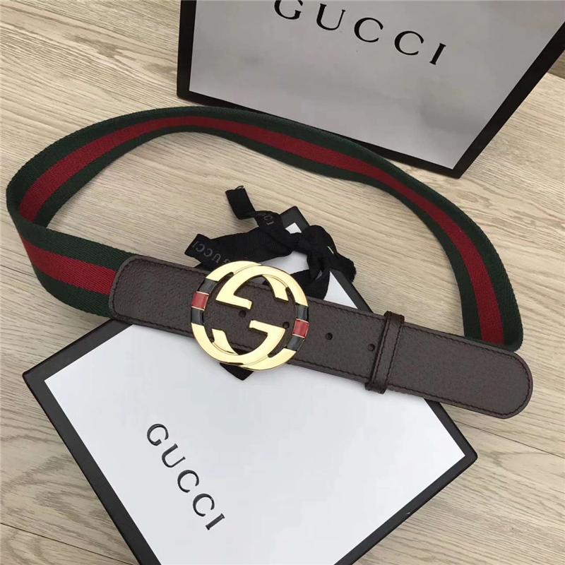 GUCCl NEW原單 彩色織帶配進口牛皮 原單雙G金屬扣頭 紅配綠金扣