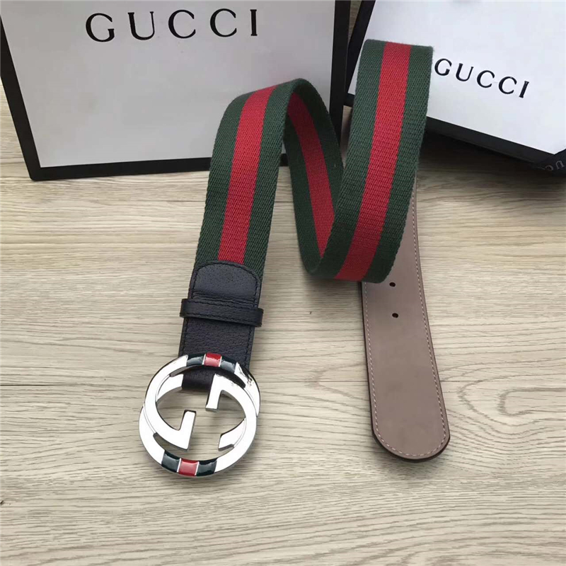 GUCCl NEW原單 彩色織帶配進口牛皮 原單雙G金屬扣頭 紅配綠金扣