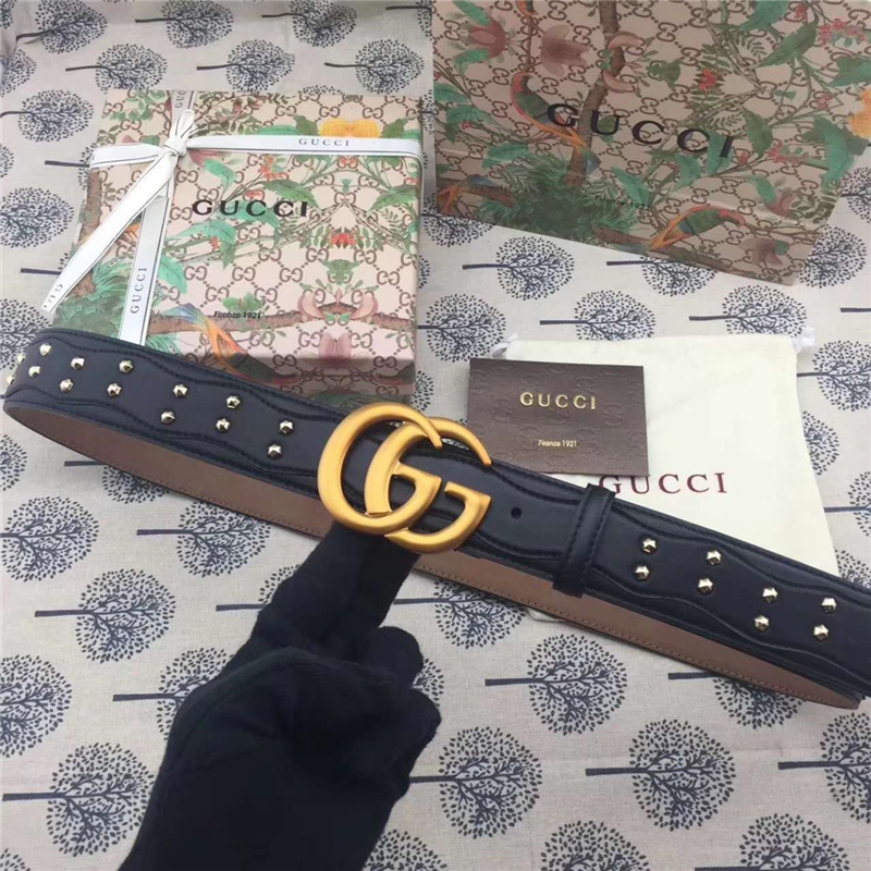 Gucci 古馳 歐洲專柜新款 純手工鑲釘 原版古銅金屬扣頭 雙G腰帶 純黑
