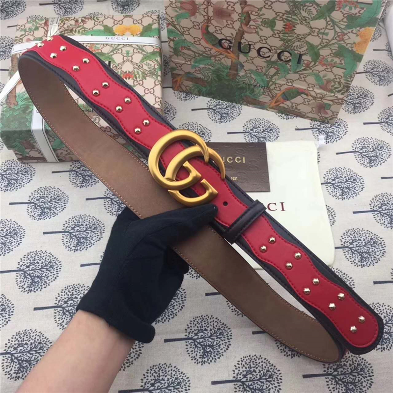Gucci 古馳 歐洲專柜新款 純手工鑲釘 原版古銅金屬扣頭 雙G腰帶 紅配黑