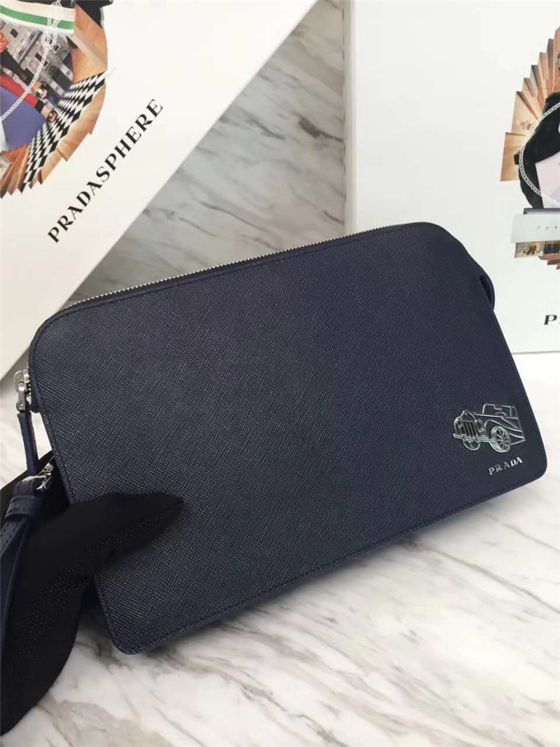 2VF056 Prada普拉達 新款車仔 原廠皮 男士 手拿包 深藍色