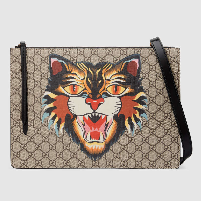 429016 GUCCI 古馳 氣場貓印花 GG Supreme高級人造帆布 郵差包 烏木色