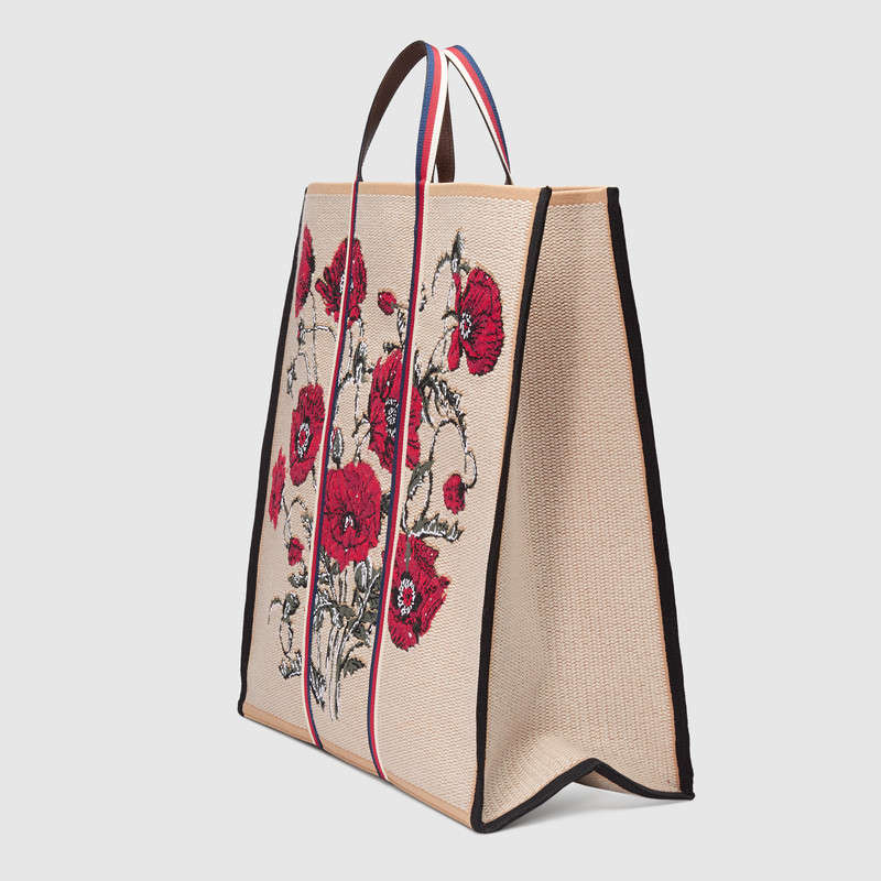 484690 GUCCI 罌粟花圖案 啞光帆布 購物袋 杏色