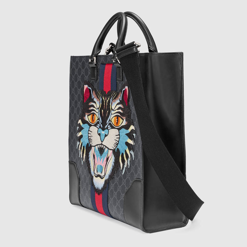 478326 GUCCI 氣場貓貼花 GG Supreme高級人造帆布 購物袋 黑灰色