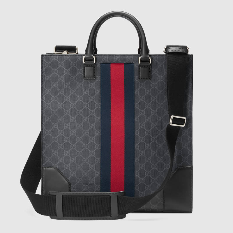 478326 GUCCI 氣場貓貼花 GG Supreme高級人造帆布 購物袋 黑灰色