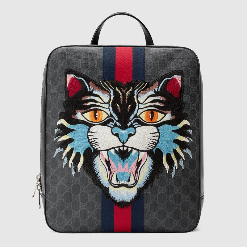 478324 GUCCI 氣場貓貼花 GG Supreme高級人造帆布 雙肩背包 黑灰色