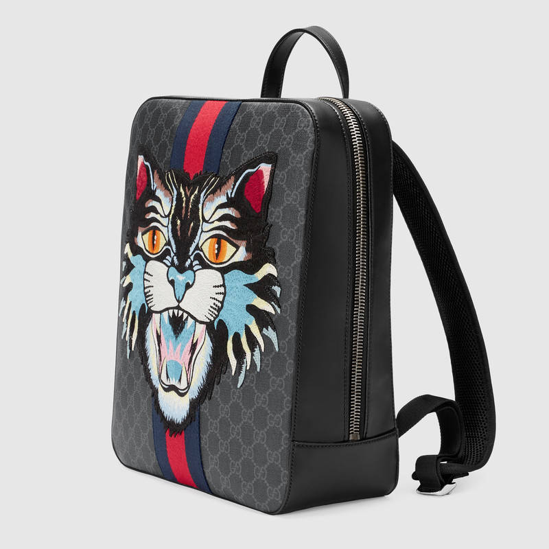 478324 GUCCI 氣場貓貼花 GG Supreme高級人造帆布 雙肩背包 黑灰色