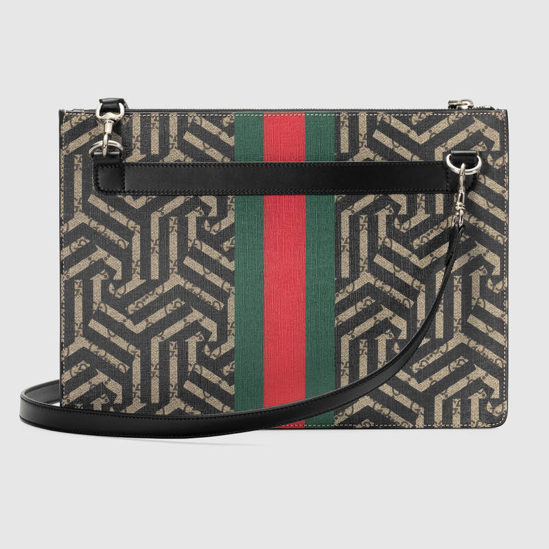 429004 GUCCI GG Caleido 系列印花 紅綠織帶裝飾 手拿包肩包 烏木色拼黑