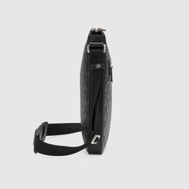 406408 GUCCI Gucci Signature真皮 前襟拉鏈 中號扁平 郵差包 黑色