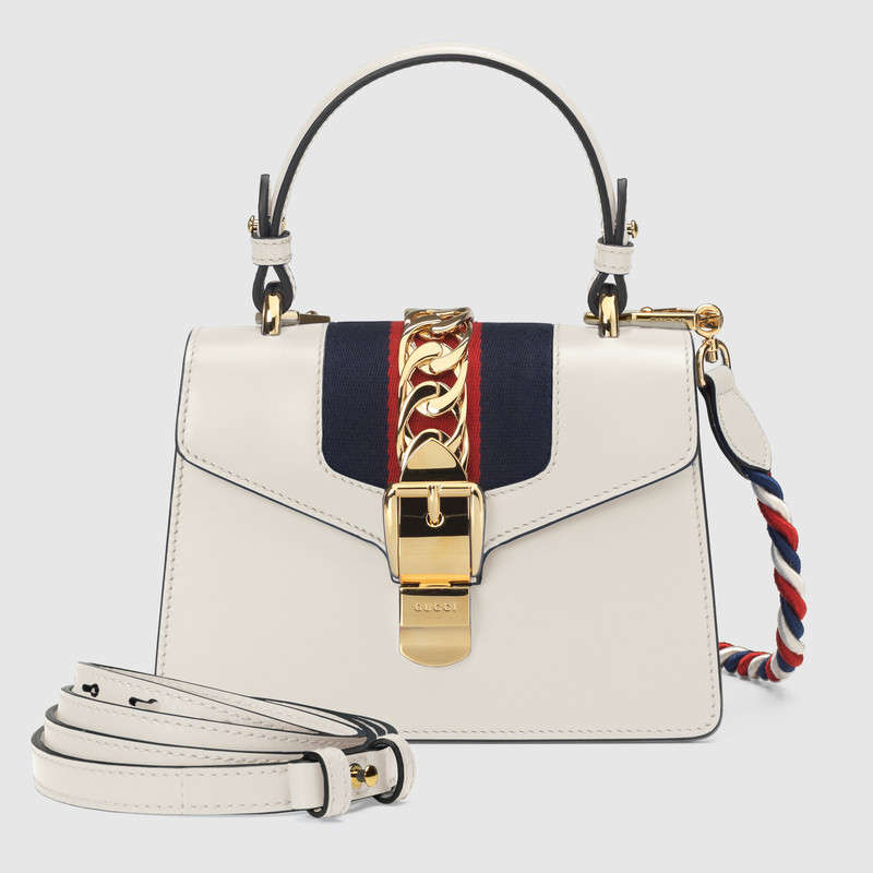 470270 GUCCI Sylvie 系列 金色鏈條搭扣 皮革 迷你手袋 白色