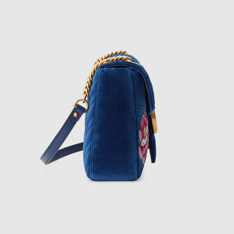 443496 GUCCI GG Marmont系列 刺繡 人形花紋天鵝絨 肩背包 鉆藍色