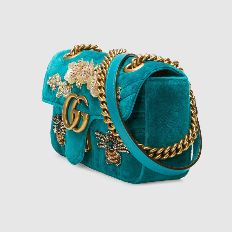 446744 GUCCI GG Marmont系列 刺繡 人形花紋天鵝絨 迷你手袋 湖藍(lán)色