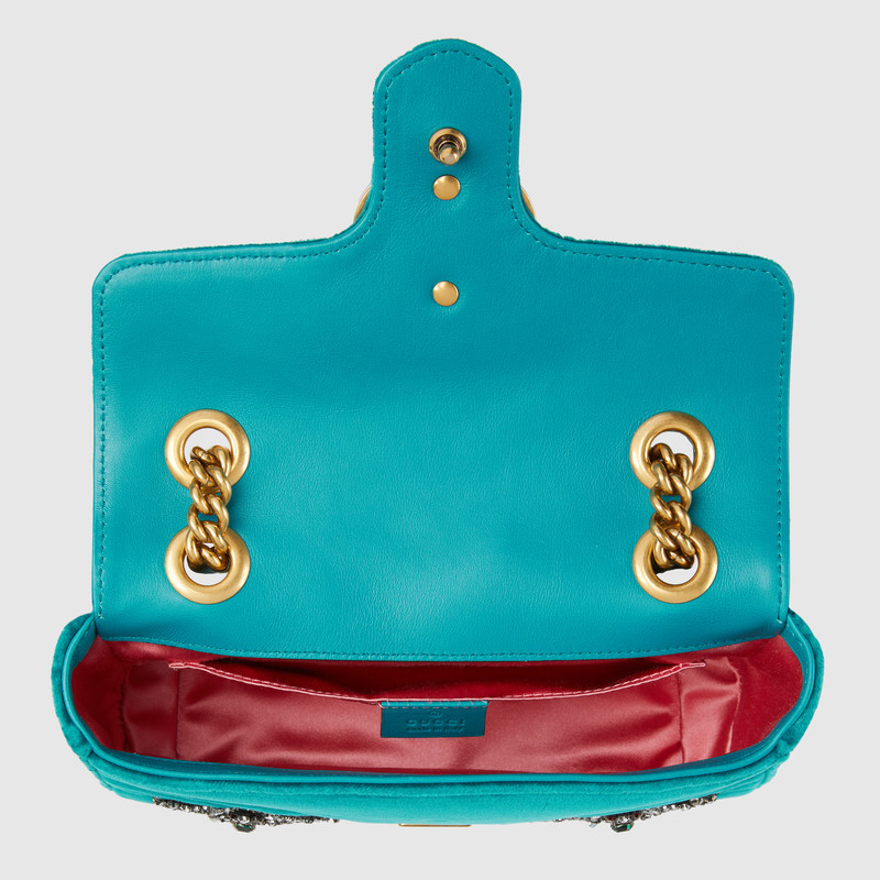 446744 GUCCI GG Marmont系列 刺繡 人形花紋天鵝絨 迷你手袋 湖藍(lán)色