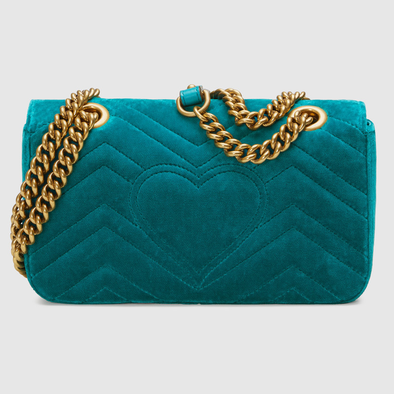 446744 GUCCI GG Marmont系列 刺繡 人形花紋天鵝絨 迷你手袋 湖藍(lán)色