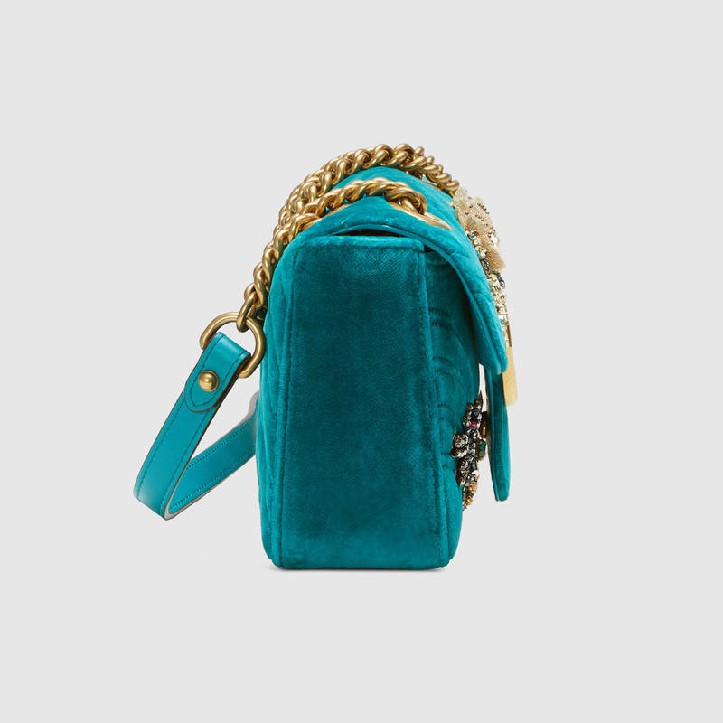 446744 GUCCI GG Marmont系列 刺繡 人形花紋天鵝絨 迷你手袋 湖藍(lán)色