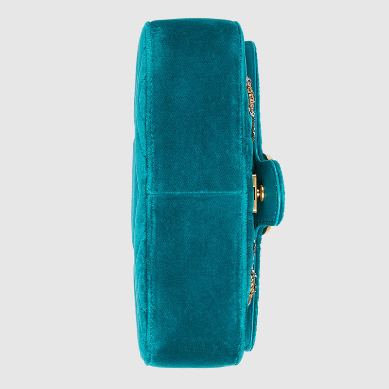 446744 GUCCI GG Marmont系列 刺繡 人形花紋天鵝絨 迷你手袋 湖藍(lán)色