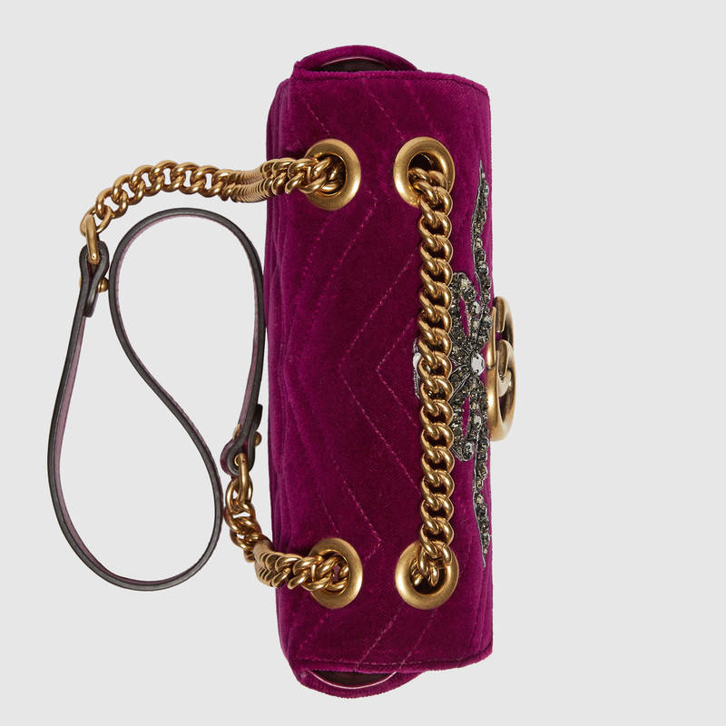 446744 GUCCI GG Marmont系列 刺繡 人形花紋天鵝絨 迷你手袋 酒紅色