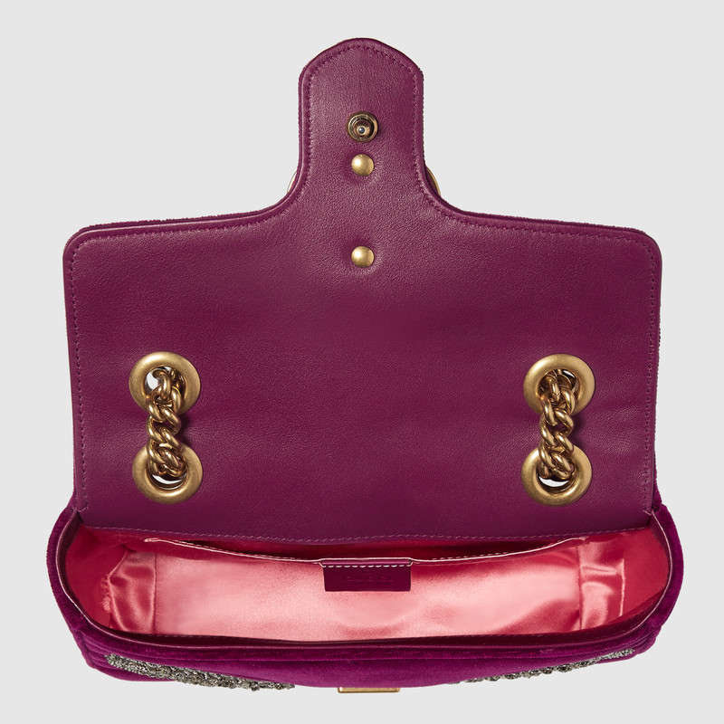 446744 GUCCI GG Marmont系列 刺繡 人形花紋天鵝絨 迷你手袋 酒紅色