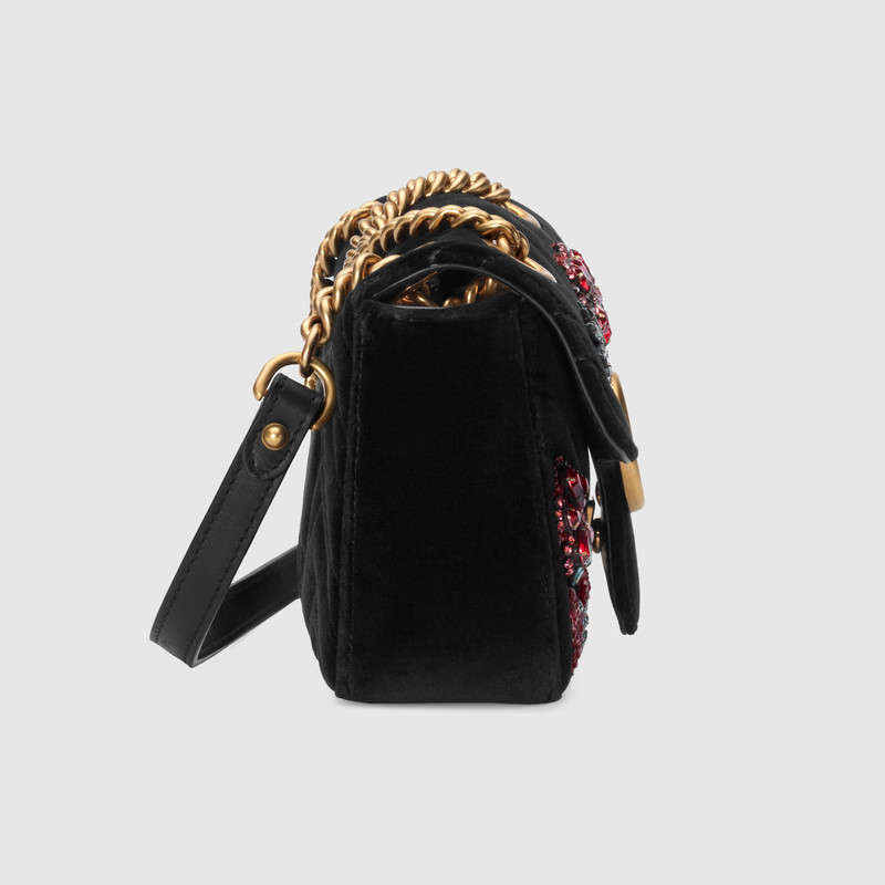 446744 GUCCI GG Marmont系列 刺繡 人形花紋天鵝絨 迷你手袋 黑色