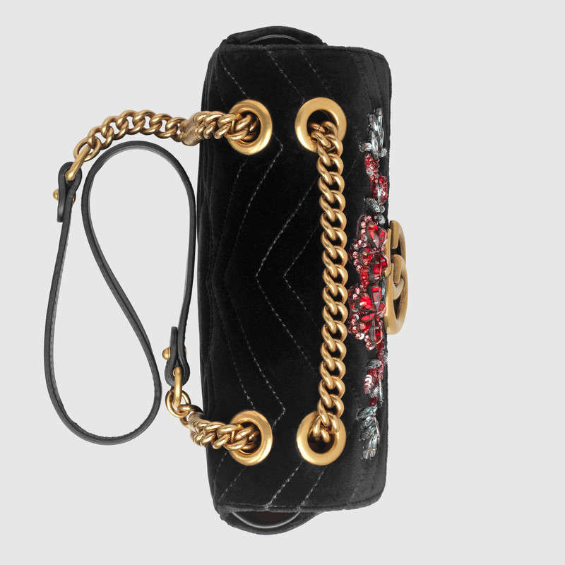 446744 GUCCI GG Marmont系列 刺繡 人形花紋天鵝絨 迷你手袋 黑色