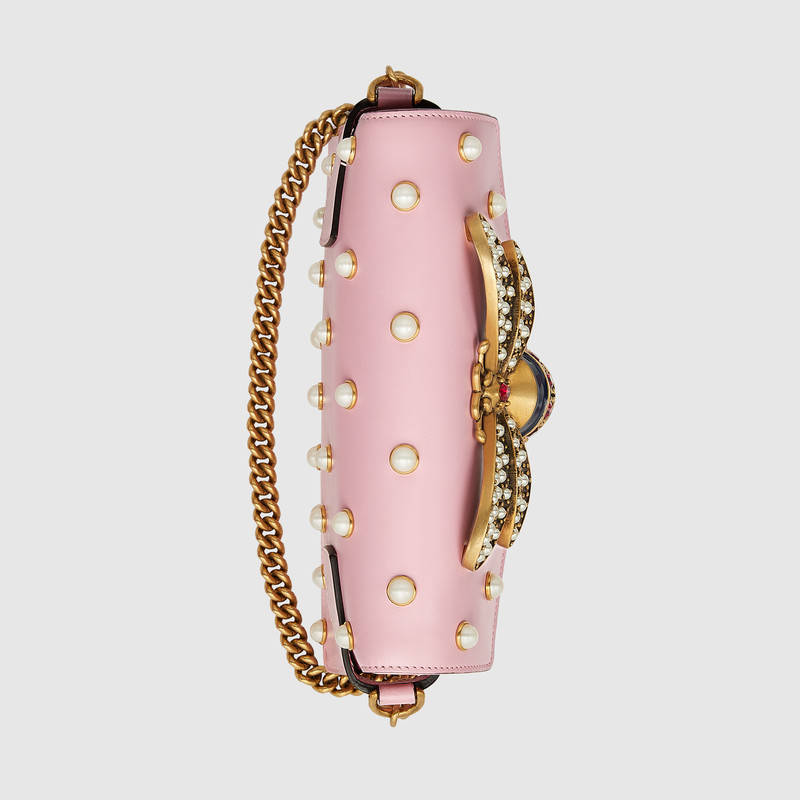 453778 GUCCI Broadway 系列 皮革 鉚釘 金屬蜜蜂 迷你手袋 粉色