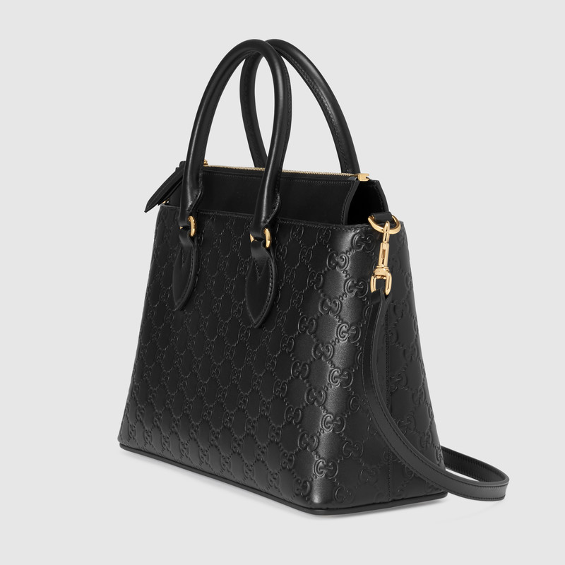 409534 Gucci Signaturex 柔軟皮質(zhì) 手提購物袋 托特包 黑色